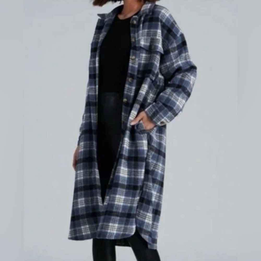 Women’s wool blend longline plaid blue shacket chore‎ coat grunge button up M